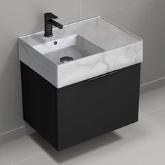Floating Small Black Bathroom Vanity, Modern, 24 inch, Marble Style Sink